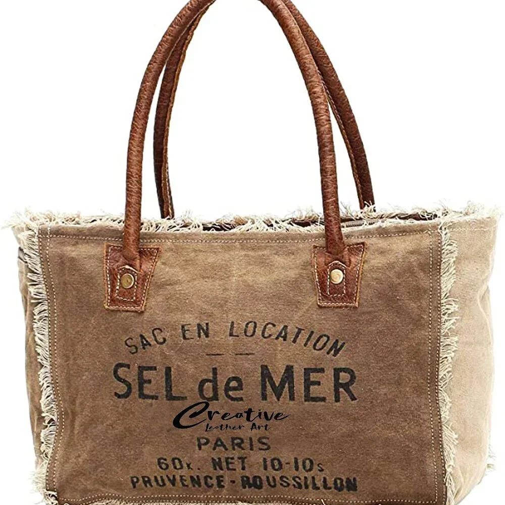 Canvas Tote Bag with Leather Handles Boho Chic Everyday Purse Spacious